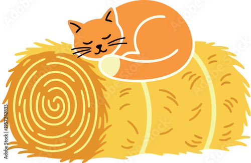 Cute Orange Cat Sleeping on Hay Bale Vector Illustration for Farm and Autumn Designs