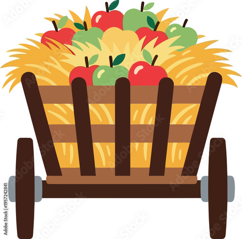 Rustic Wooden Cart Filled with Apples and Hay for Autumn Harvest and Thanksgiving Decor