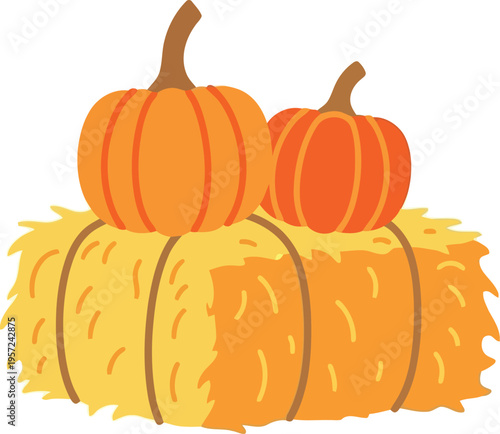 Autumn Harvest Illustration with Pumpkins on Hay Bale for Fall and Thanksgiving Decor
