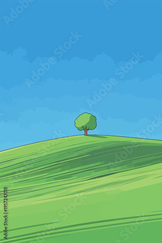 Green hill with single tree and bright blue sky during daytime shows simple nature scene