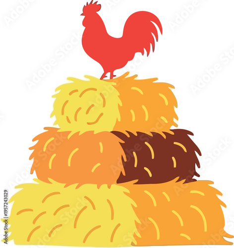 Colorful rooster silhouette standing on stacked hay bales vector illustration for farm and harvest themes