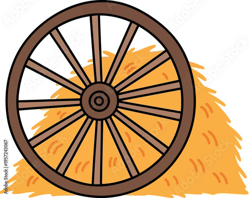Rustic Wooden Wagon Wheel with Haystack Vector Illustration for Farm and Harvest Themes