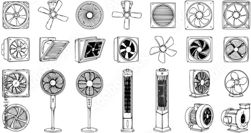 Extensive hand-drawn line art collection depicting various types of fans and air blowers, perfect for ventilation and cooling concepts.