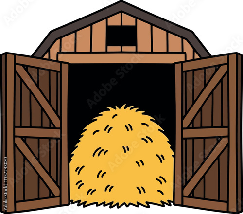 Rustic Barn with Open Doors and Haystack Vector Illustration for Farm and Agriculture Concepts