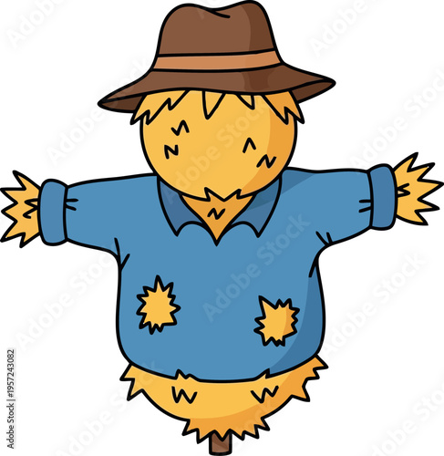 Cartoon scarecrow illustration with blue shirt and brown hat for autumn harvest and farm design