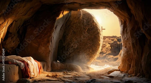 A tomb is shown with a rolled stone at Easter dawn. Sunlight enters the space, casting light on the area where the body was placed. The three crosses appear in the background