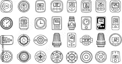 Hand-drawn vector icons set of thermostats, temperature control devices, smart home gadgets, analog and digital thermometers, and HVAC elements.