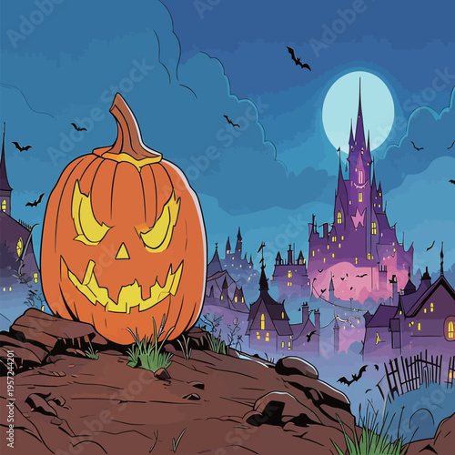 Pumpkin sits on a hill overlooking a spooky town with a castle and bats at night during Halloween season