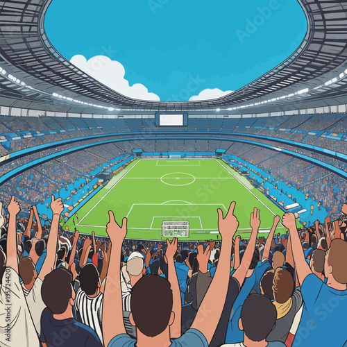 Fans cheer inside a large stadium during an important soccer game in the afternoon