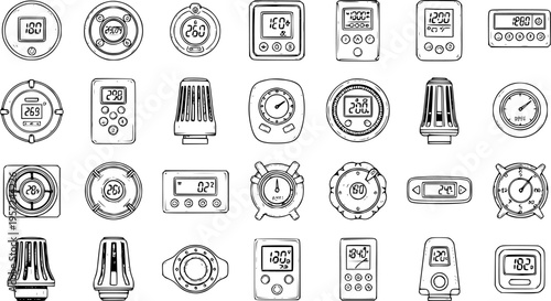 Hand-Drawn Line Art Collection of Thermostats and Temperature Control Devices. Doodle Icons for HVAC, Climate Regulation, Digital Displays, and Analog Gauges.