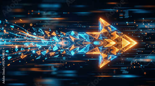 A vibrant digital arrow, dynamically composed of glowing blue and orange geometric pieces, illustrating rapid technological acceleration and innovative progress within a data-rich environment.
