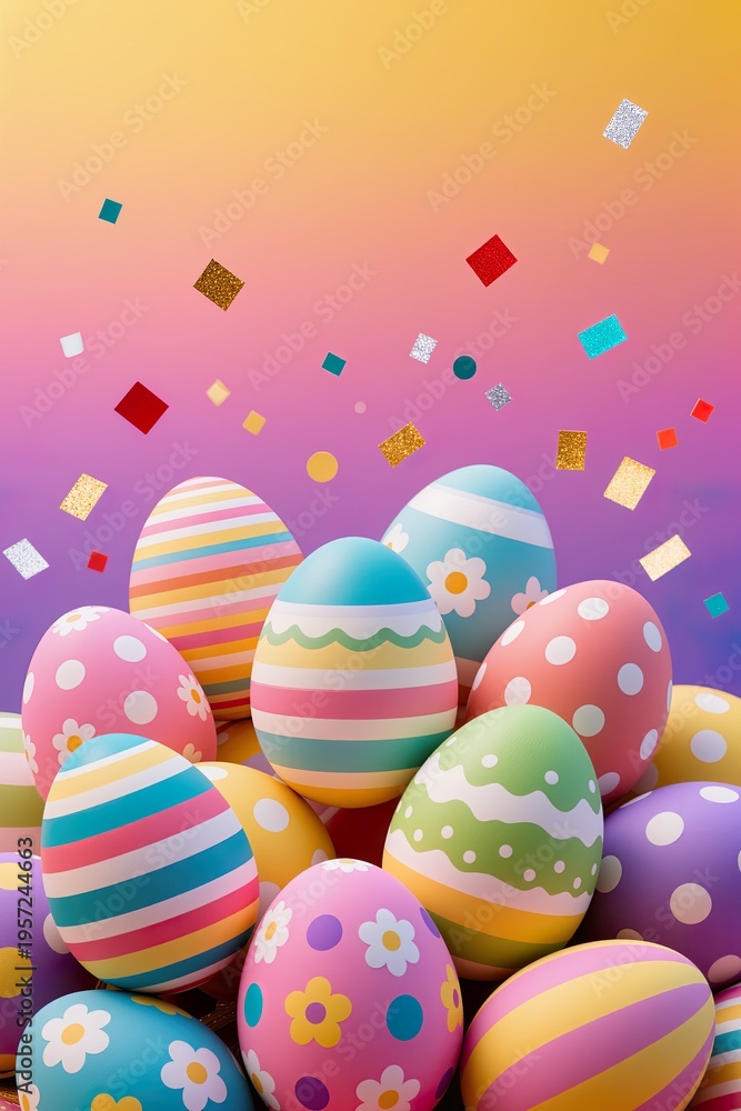Fototapeta premium Colorful Easter banner with eggs and confetti, vibrant gradient background, festive mood, copy space for text