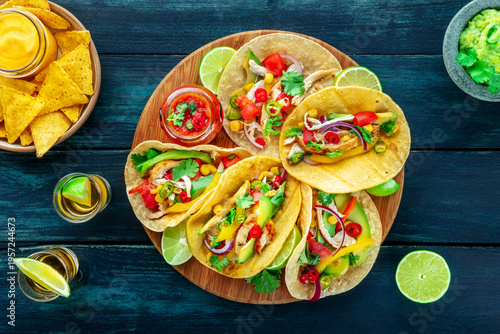 Wallpaper Mural Mexican food. Tacos, tequila, nachos, guacamole, overhead flat lay shot Torontodigital.ca