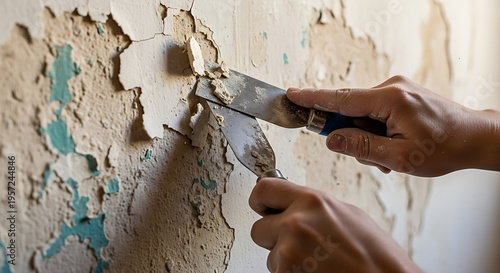 Diligent hands skillfully scraping off old peeling paint from a wall during renovation process