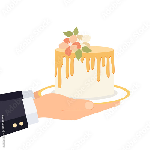hand holding sweet birthday cake dessert, festive celebration or party concept
