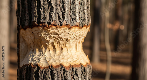Distinctive beaver gnaw marks deeply etched into a sturdy tree trunk, illustrating nature's persistent wildlife activity and environmental impact