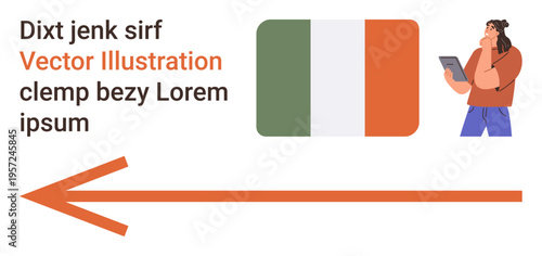 Education, communication, technology, nationality concepts, Irish culture, user interface. Irish flag, person holding a tablet large arrow. Education and communication