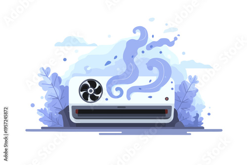 Air conditioner illustration with cool breeze and nature elements