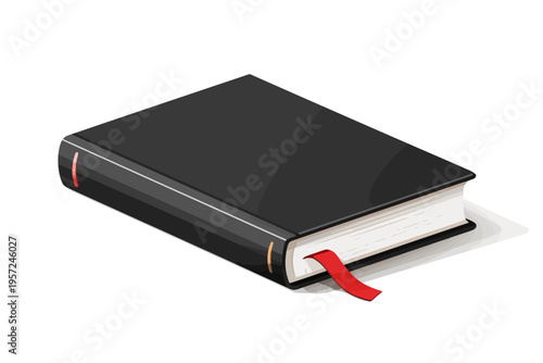 Black hardcover book with red bookmark on white background