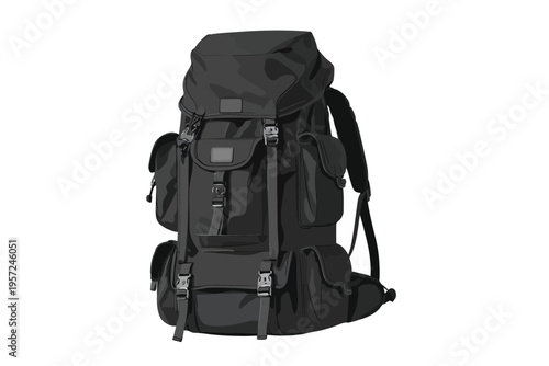 Large black backpack with multiple buckles and compartments