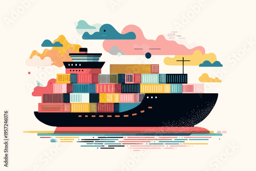 Colorful cargo ship illustration with vibrant clouds and sea