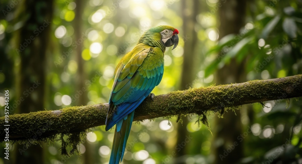 Obraz premium Vibrant Green and Blue Macaw Parrot Perched on a Mossy Forest Branch Under Sunlight