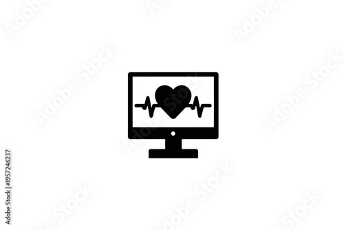 Heartbeat monitor icon with heart and pulse on computer screen