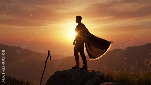 Heroic Figure Standing on Mountain Peak During Sunset.