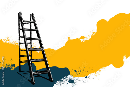 Illustrated ladder against a bold yellow and blue abstract background