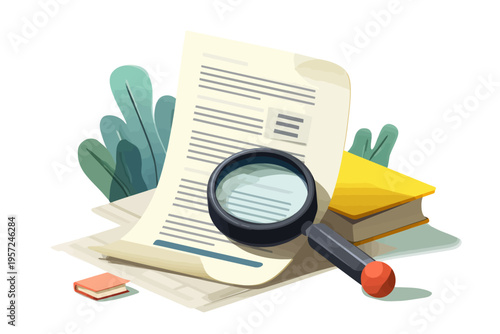 Magnifying glass on document and books with green foliage background