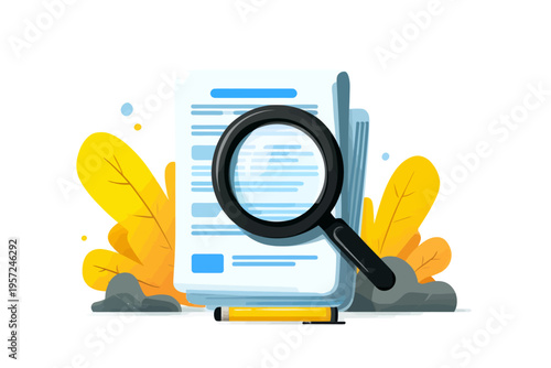 Magnifying glass on document with yellow leaves and pencil