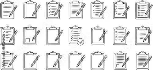 Sketch Clipboard Icons: Hand-Drawn Checklist and Pencil Graphics