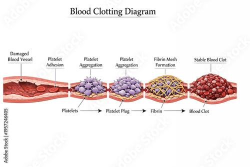 Blood Clotting Process Diagram Showing Platelet Aggregation and Fibrin Mesh Formation