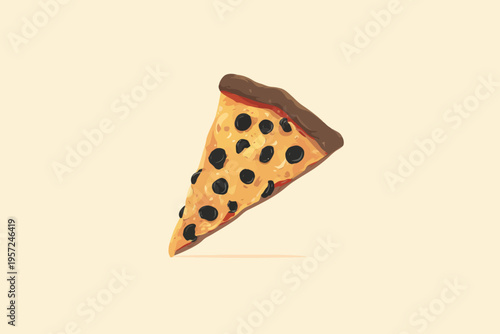Illustrated slice of pepperoni pizza with olives on beige background