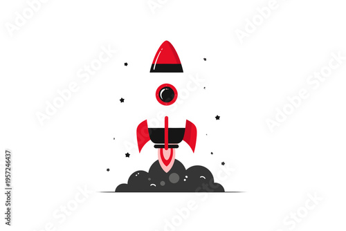 Cartoon rocket launch with smoke and stars on white background