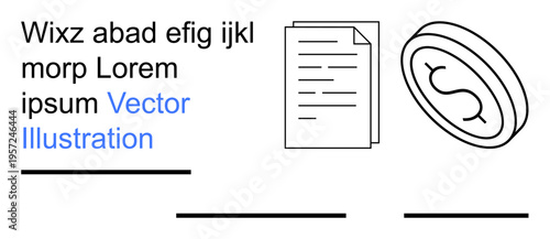 Business, finance, documentation, transactions, contracts, economic analysis. A document and dollar coin are . Business and finance concepts relate to the document and economic analysis