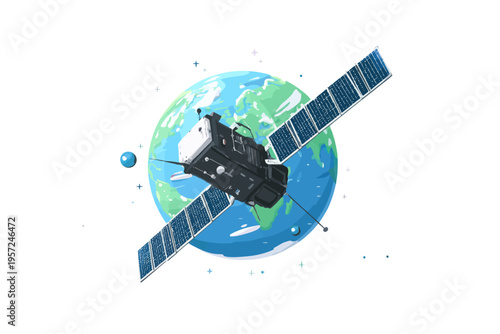 Satellite orbiting earth with solar panels and stars in space illustration
