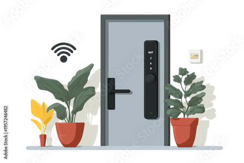 Smart door with wi-fi lock and potted plants for modern home security