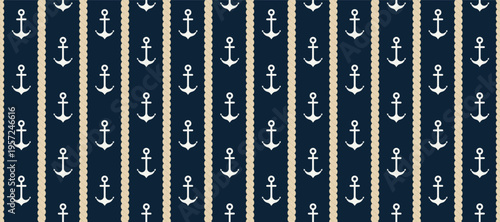 Nautical seamless pattern with white anchors and ropes on navy blue background. Vector illustration