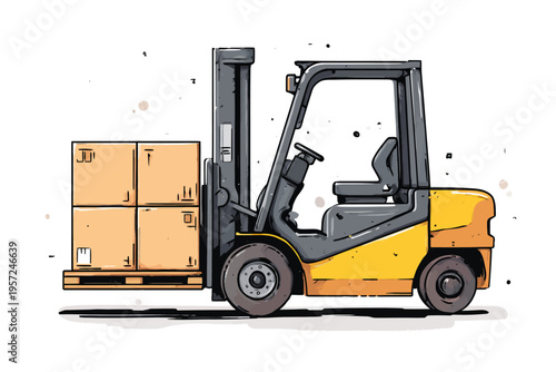 Yellow forklift lifting boxes illustration with white background