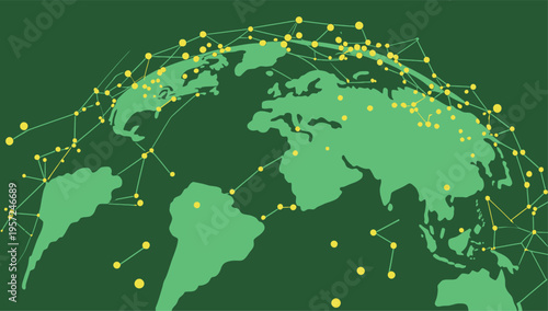 Connections between cities shown on a world map with highlighted points and lines across the globe
