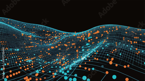 Exploring a digital landscape with flowing lines and colorful dots that represent data points in a network