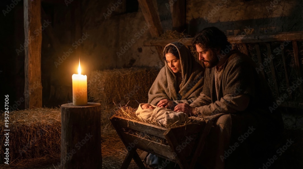 Obraz premium Woman and man with baby Jesus in manger. Nativity scene with holy family in stable. Religious celebration of Christmas during night. Faith and spirituality concept, biblical history.