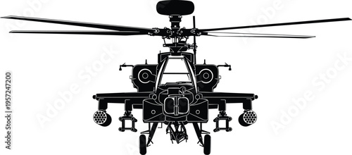Military attack helicopter front view silhouette illustration, combat aircraft artwork, defense technology design concept, black and white vector template set