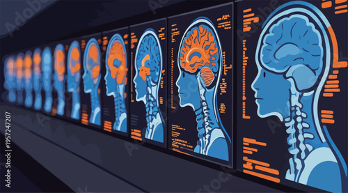 Digital art depicts multiple human brain profiles with blue and orange colors showcasing brain activity and structure in a modern setting