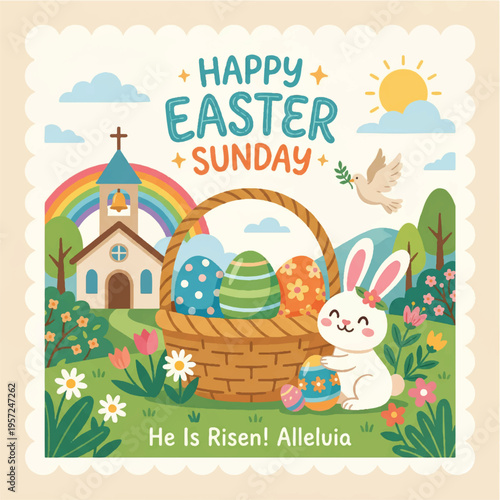 Happy Easter vector greeting card featuring white bunny, colorful eggs, dove of peace, and church landscape