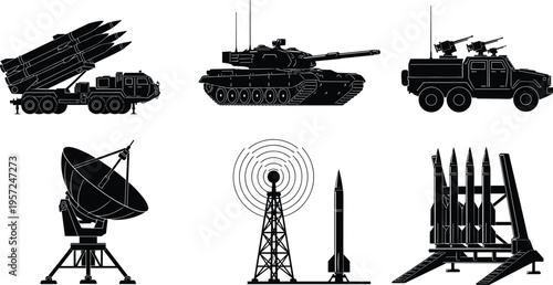 Military and communication equipment silhouette illustration, defense technology artwork, surveillance design concept, black and white vector template collection set