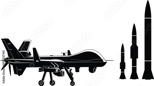 Military drone with missile silhouette illustration, UAV and defense artwork, modern warfare design concept, black and white vector template set