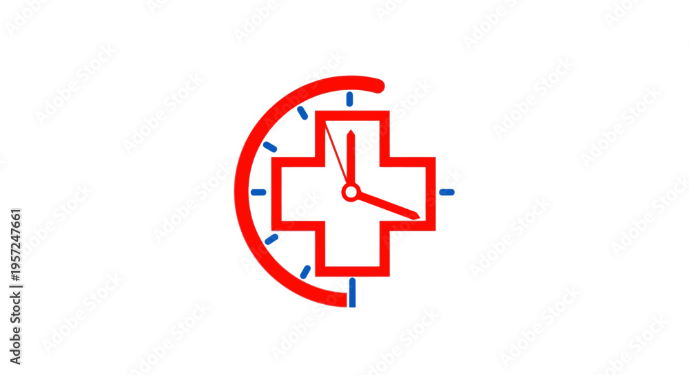 Obraz premium Urgent medical care icon with red cross and clock dial. Symbolizing healthcare time, emergency services, prompt treatment, and appointments.