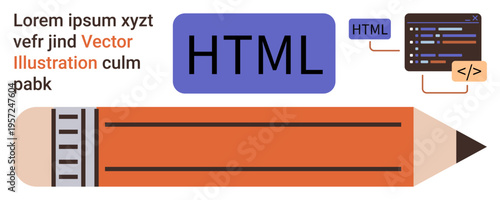 Web development, programming education, design tools, coding basics, interface design, digital creativity. Pencil, HTML label and coding window. Web development and programming education concept